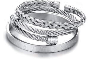 JeweBella 3 stycken armband män rostfritt stål lyx romerska siffror armband justerbar öppen manschett armband set silver