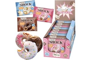 ‎FITNESSHOCK FitnesSHOCK Protein Donut Kekse-Biskuit mit Streuseln, 12g/17% Eiweiß ohne Zuckerzusatz ballaststoffreicher Snack mit Vanille Füllung Palmölfrei - Mix Box: Schoko, Vanille, Himbeere 9x70g