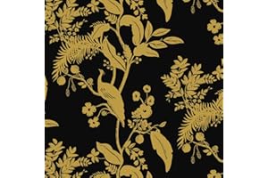 Fiula Papier Peint Autocollant Floral Oiseaux Feuilles Motif 44 cm x 3 m Mural Film Adhésif pour Meubles Étanche Salon Chambre Noir Or