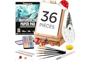 ZENACOLOR Set de Peinture Aquarelle 36 Pièces - Cadeau Kit d' Aquarelle pour débuter - Boite 2-en-1 Rangement et Chevalet, Palette Aquarelle en Godet 24 couleurs, 6 Pinceaux, 1 Pad (12 feuilles) et Accessoires
