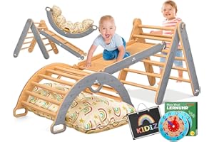 Kidiz® Klettergerüst Montessori 7in1 Spiel-Set mit Kletterbogen Rutsche Kletterdreieck aus Holz inklusive Kissen, Tafel & Lern-Uhr | Indoor Spielplatz für Kleinkinder ab 1 Jahr & Kinder bis 3 Jahre