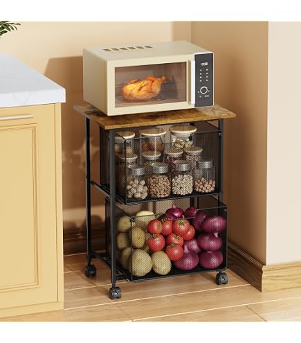 Rolling Kitchen Island Cart With Cabinet Door & Adjustable Shelf - 4-Tier Microwave Stand, Coffee Station, Mobile Storage Cart