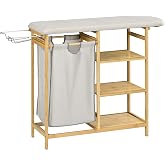HOMCOM Laundry Basket 57.4L with Ironing Board 113x34x82cm Natural | Bamboo Dirty Clothes Basket Iron Holder 3 Shelves Remova