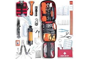 BAYTIZ WONCROW ® Kit de Supervivencia + Primeros Auxilios + Mochila Militar - Equipada con Accesorios Multifuncionales para Senderismo Camping Desastres Filtro Agua Gadgets Originales Survival Profesional