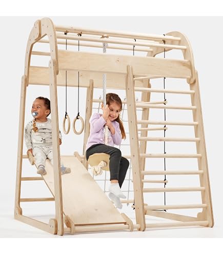 Escalera Sueca Con Barras, Anillos, Columpio Y Cuerda - Kit De Gimnasia Infantil Para Casa (220 Cm De Alto)