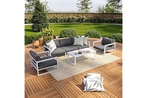 Avril Paris Salon de Jardin Exterieur en Aluminium - 5 Places - Ensemble Meuble Salon Complet Blanc et Gris - 2 Fauteuils de Jardin - 1 Canapé 3 Places - 1 Table Basse – Vincennes