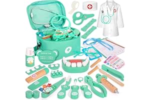 KIMIGO Walizka lekarska dla dzieci z drewna, Drewniana walizka lekarska dla dzieci, Walizka lekarska dla dzieci z prawdziwym stetoskopem, Walizka lekarska ze stetoskopem, termometrem, strzykawką