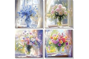 Lxmsja 4 Stück Malen Nach Zahlen Erwachsene mit Rahmen, Malen Nach Zahlen Blumen, Diy Set Erwachsene mit Pinseln und Acrylfarben Handgemalt Ölgemälde Leinwand für Home Décor, 20x20cm