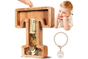 Summidate Spardose für Kinder Junge, Personalisiert Holz Großes Sparschwein, Unzerbrechliches Buchstabe A-Z Sparbüchse für Kinder Mädchen, Erwachsene, Geschenk&Dekoration