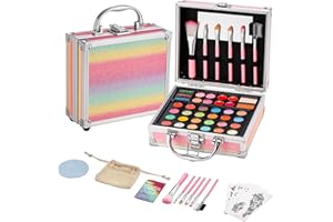 Anpro All-in-One Makeup Carry Case with Pro Teen Makeup Set, Full Starter Cosmetics Kit with Makeup Brushes, Eye Shadows Palette, Blushes, Glitter Gel, Temporary Tattoo Stickers - Colorful