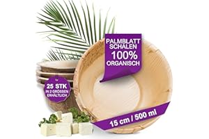 ‎WAIPUR Waipur Bio Palmblatt Schalen - 25 Schüsseln Ø 15 cm / 500 ml - Premium Einweg Geschirr kompostierbar - Suppenteller ähnl. Bambus Einwegschalen