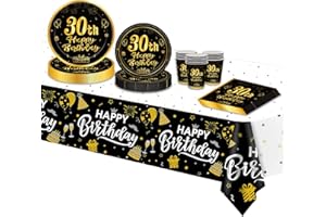 TOPWAYS Assiette Jetable Decoration Anniversaire 30 Ans - Vaisselle Lot Noir Or, Papier Assiette, Gobelets, Serviette, Nappe pour Deco Femmes Homme 16 Invités