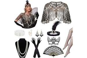 SEKEPINGO 1920s Accessories for Women Great Gatsby Flapper Shawl with Sequins 10 Pieces Accessories Set Peaky Blinders Costume with Headband Gloves Necklace Earrings Lace Fan for Party