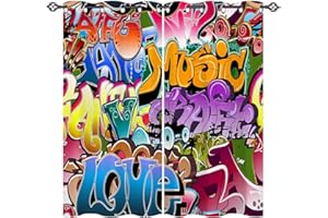 ANHOPE Graffiti Curtains Eyelet 80% Blackout Room Darkening Curtains Hip Hop Hippie Doodle Print Pattern Light Blocking Window Drapes for Kids Boys Girls Bedroom Living Room 52 x 63 Inch Drop 2 Panels