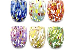 MAZZEGA ART & DESIGN - 6 Verres à eau en verre soufflé et travaillés à la main avec des murrines Murano raffinées et originales - Les couleurs de Murano - Modèle Colombina 435 ml. (MIX, 6)