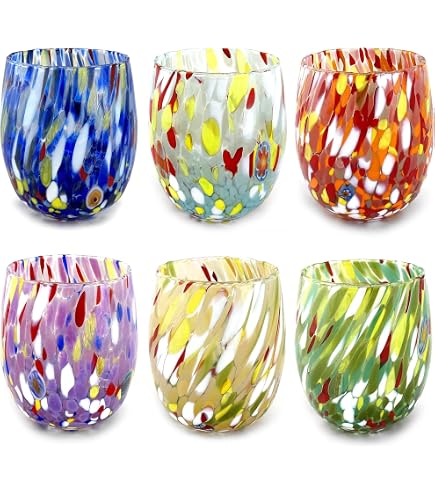 6 Verres Murano Soufflés Main 350ml - Artisanat Italien - Verre Décoratif Lavable Lave-Vaisselle