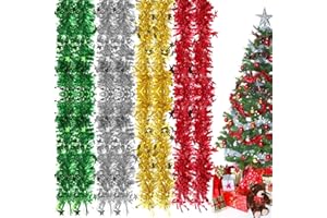 Scettar 2M*8 Piezas Espumillon Arbol Navidad con Estrellas,Espumillón Navidad Metálica Brillante，Guirnalda Navidad para decoración Árbol de Navidad, Escalera,Puerta