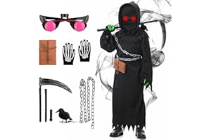 MOMOSTAR Costume Mietitore Bambino, Grim Reaper Costume con Cappuccio, Occhiali Luminosi, Guanti Luminosi, Death Notebook, Catena in Vita e Falce Giocattolo per Halloween Carnevale Cosplay