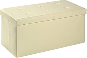 D&D Quality Puff Almacenaje, Asiento Acolchado, 76 x 38 x 38 cm, Plegable - Exterior Polipiel Suave - Carga Máxima de 300 kg (Beig)