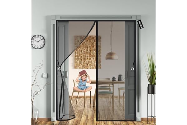 moustiquaire porte coulissante 240 x 210 cm Rideau Anti Mouche Fermeture Automatique moustiquaire porte fenetre sans Percer Facile à Installer pour Cuisine/Salon/Chambre - Noir
