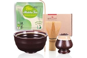 Goodwei Matcha Kit Thé Matcha BIO Japonais avec Fouet Bambou, Bol Artisanal en Céramique et support à fouet | Coffret cadeau (Kumo)