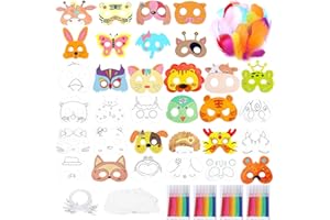 Xiuyer Masks for Colouring, Animal Masks Children White Card Eye Masks with Elastic Rope and 50 Coloured Feathers for Painting and Designing for Boys Girls Crafts