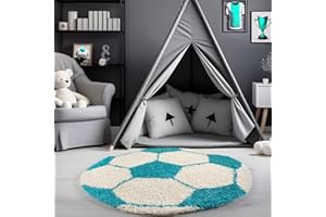 ‎CARPETSALE24 Carpetsale24 Kinderteppich Rund 120 cm Blau Weiß – Weicher Hochflor Spielteppich mit Fußball Motiv – Pflegeleicht & rutschfest – Ideal für Jungenzimmer & Mädchenzimmer im Jugendstil