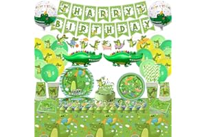 LSJDEER Crocodile Birthday Party Supplies - Crocodile Birthday Party Decorations Including Banner, Cake Topper, Plates, Cups, Napkins, Tablecloth, Balloon for Reptile Alligator Party Boy Kids