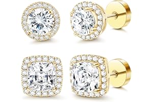 Morfetto 14K Boucles d'oreilles Carrées Rondes à Dos Plat pour Hommes Femmes Grandes Grandes Boucles d'Oreilles en Zircone Cubique Boucles d'Oreilles pour Hommes Boucles d'Oreilles à Dos Plat