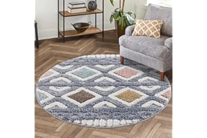 carpet city Dywan do salonu z wysokim włosiem, okrągły, boho, etniczny szary, Multi Cut Loop, wysoki/niski, efekt 3D, kudłate dywaniki, puszysty, miękki, do sypialni, z długim włosiem, 160 x 160 cm