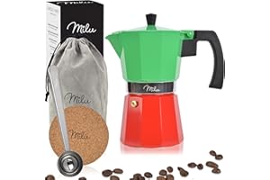 ‎MILU Milu Espressokocher (No Induktion) | 2, 3, 6, 9 Tassen | Aluminium Mokkakanne, Espressokanne, Espresso Maker Set inkl. Untersetzer, Löffel, Bürste (Italia, 6 Tassen (300ml)