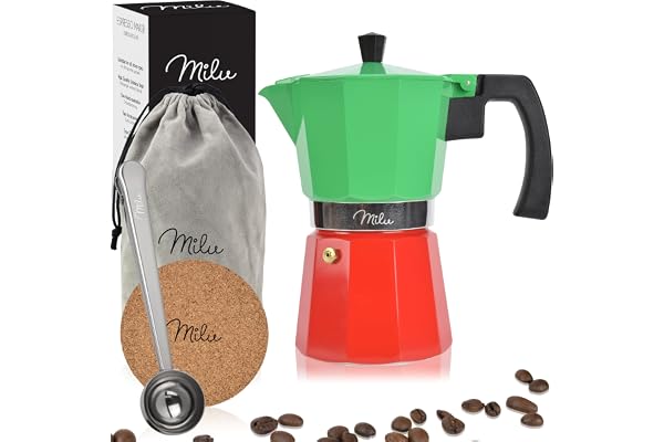 Milu Espresso Maker (utan induktion) | 2, 3, 6, 9 koppar | Mockakruka i aluminium, espressokruka, espressobryggarsats inklusive underlägg, sked, borste (Italia, 6 koppar (300ml)