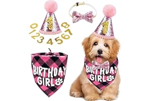 MORJCG Dog Birthday Party Set, Dog Triangle Scarf, Birthday Hat, Dog Bow Tie, Gold Powder Digital Patch, Dog Girl Birthday Bandana for Small, Medium, Large Pets, Dog Birthday Party (Pink)