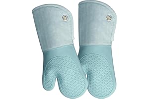 DETA KITCHEN Heat Resistant Silicone Oven Glove With Quilted Cotton Lining, 1 Pair Non - Slip Extra long Oven Gloves for BBQ, Cooking, Baking, Grilling, Barbecue, Mimicrowave, Machine Washable (Light blue)