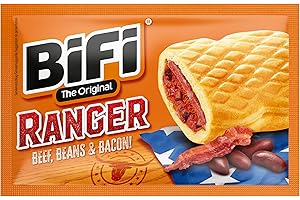 BiFi Ranger - Pack de 20 unidades de 60 g, salchichas con alubias y beicon envueltos en hojaldre, snack original de salami para llevar, para viaje, oficina o deporte, con carne de vacuno y cerdo