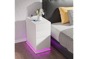 Lvhecforhm Schmaler Nachttisch mit LED, Weiß Nachtschrank mit Steckdose und 3 Schubladen, Nachttisch mit 16 Farben Beleuchtung, Nachttische Hochglanz Front, Schmal Nachttisch 30x50x63cm für Wohnzimmer