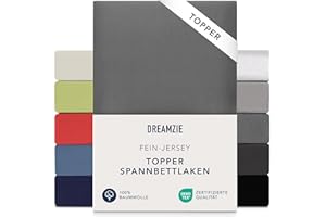 ‎DREAMZIE Dreamzie Premium Topper Spannbettlaken 180x200 cm - 200x200 cm - extra niedriger Seitenhöhe - für Topper - Topperauflage - Spannbetttuch Jersey Baumwolle, 150 g/m² - Oeko-TEX - Anthrazit