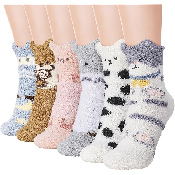 VEGCOO 6 paia di calzini soffici da donna, graziosi calzini invernali con zampa di gatto, caldi calzini pelosi per donne e ragazze, per dormire a casa, Multicolore, Taglia unica