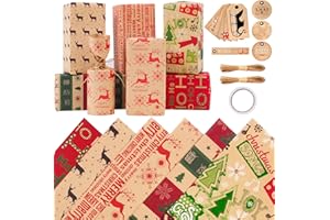 Zindoo Carta da Regalo Natalizia Set 6 Fogli 50x70cm e 20M Corda di Carta,12 Etichette,Colorata e Resistente Riciclata Carta Regalo Natale Vintage per Bambina Bambino Donna Uomo