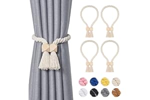 Pretty Jolly 4 Pack Wooden Polyhedron Magnetic Curtain Tiebacks Boho Home Decor Drape Tie Backs Natural Cotton Hand Woven Rope Curtain Holdbacks for Home & Office Window Draperies (Beige)