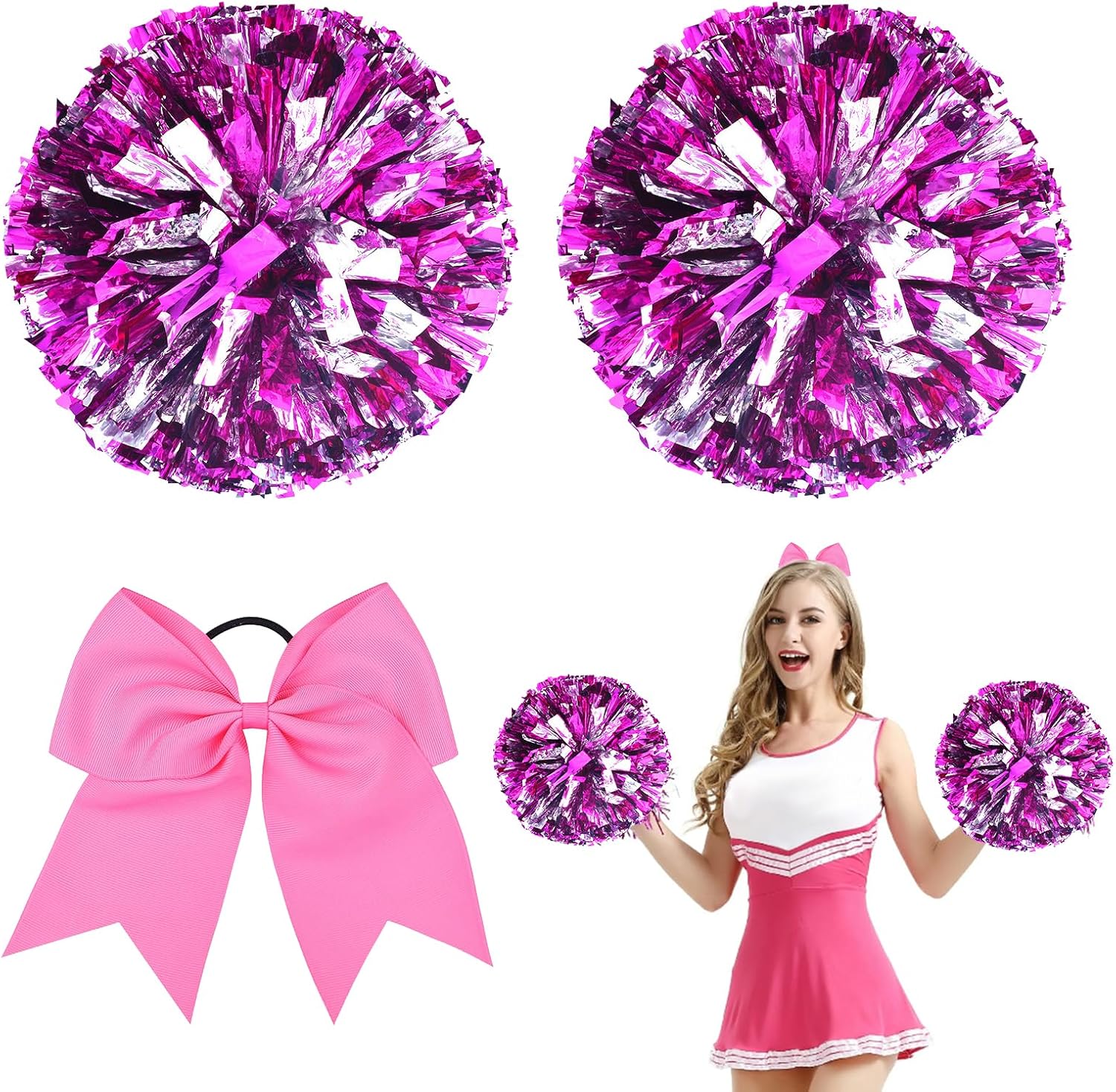 Meanju 3 Piezas Pompoms Animadoras, Pompones de Animadora con Asas, Pompones Animadora Rosa, Cheerleader Pompom para Deportes Team Spirit Cheering Reemplazo para Fiestas Pompones Deportivos