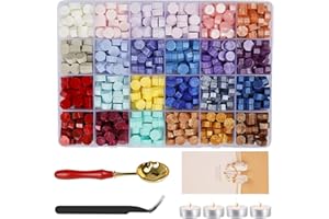 MICTER 24 colores Sello Lacre Kit, 600+pcs Cera Lacre Cuentas de Cera de Sellado con Caja de almacenamiento, 4 Velas de Té y 1 Cuchara y 1 Pinzas, para Invitaciones de Boda, Sellar y Decorar Cartas-G