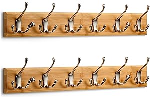LARHN Wall-Mounted Coat Rack (2 Pack) - 6 Matt-Nickel Triple Coat Hooks for Wall on Stylish Wooden Bamboo Base - 59 cm - All Fixings Included
