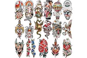 KAIETEUR 77 feuilles de tatouages temporaires imperméables pour femmes ou hommes 17 feuilles plus grandes demi-bras loup fleur serpent faux tatouages pour garçon ou fille et 60 feuilles petit autocollant