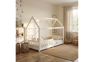 ecomi® Barnsäng, med fallskydd och ribbotten, med husdesign, spjälsäng för barn, 90 x 200/80 x 160 cm, vit/naturlig (vit, 80