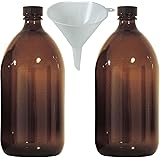 2 x braune Medizinflasche 1000 ml Apothekerflasche, Laborflasche made in Germany, BPA frei inkl. Trichter