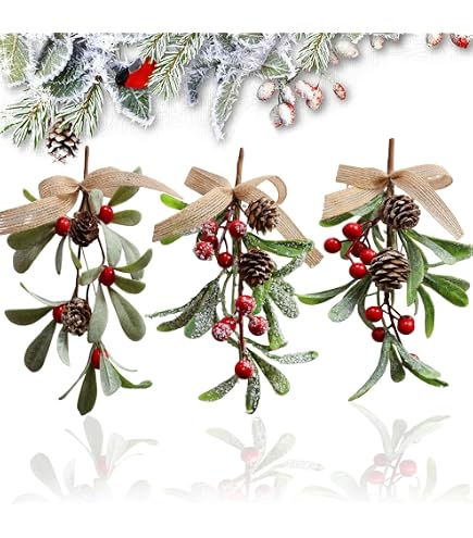 TIESOME 2 Rami Di Vischio Artificiali Con Glitter - Decorazione Natale 22 Cm, Con Bacche Rosse E Bianche, Da Appendere - 4