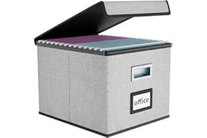 Finew Upgraded Portable File Organiser Box with Lid, Foldable Linen Hanging Filing Storage Boxes with Plastic Slide, Decorative Home/Office Filing System for File and Folders Storage (Grey)