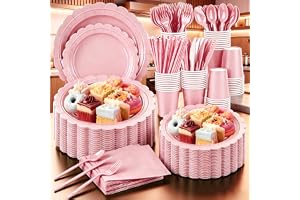 URbazaar 200 Pcs Paper Plates and Napkins,25 Guest Party Supplies Dinnerware Set Include Scalloped Plates Paper Napkin Cup Straw Reusable Spoon Fork Knive for Party,Wedding,Birthday (Pink)