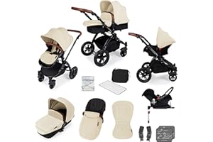 Ickle Bubba Stomp V3, Système de voyage tout-en-un incluant une nacelle, une poussette réversible et un siège auto Galaxy groupe 0+ avec base ISOFIX (Sable sur cadre noir)